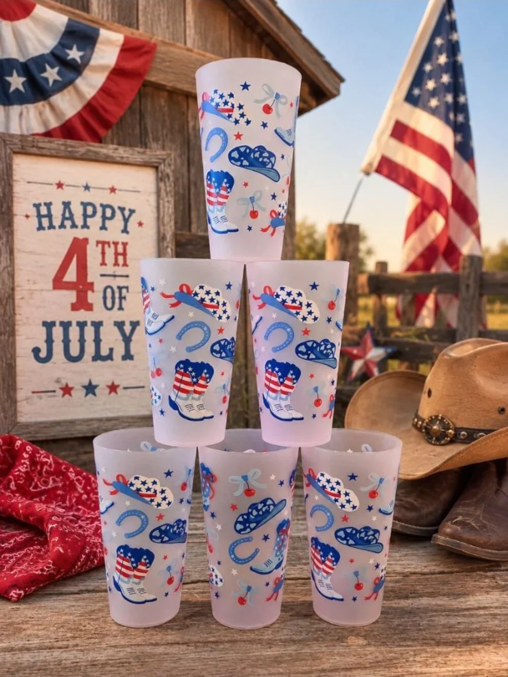 6 New Western Patriotic Cowgirl Plastic Indoor Outdoor Party Beverage Cup Set